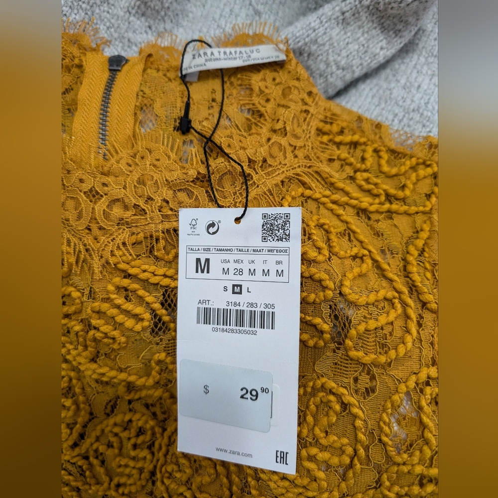 NWT Zara Women's Semi-Sheer Yellow Lace Crop Top - Size Medium - Picture 5 of 7